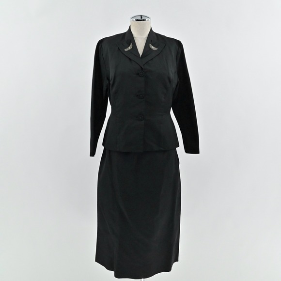 True Vintage 60s Black Skirt Suit Set Size S Blazer Pencil Secretary Movie Prop - Picture 1 of 12